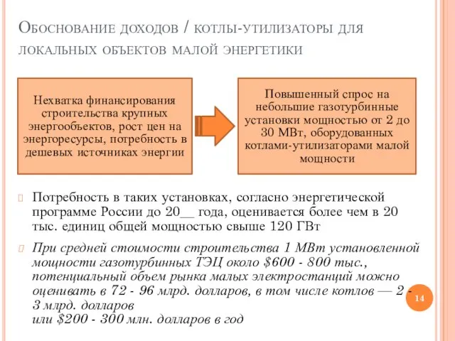 Обоснование доходов / котлы-утилизаторы для локальных объектов малой энергетики Потребность в