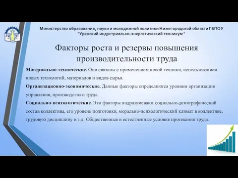 Факторы роста и резервы повышения производительности труда Материально-технические. Они связаны с