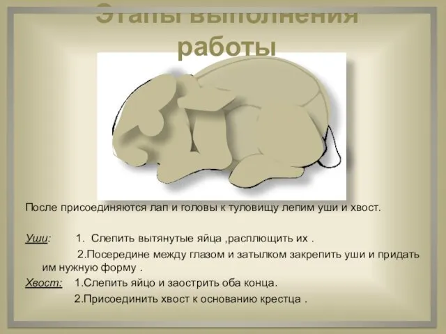 После присоединяются лап и головы к туловищу лепим уши и хвост.