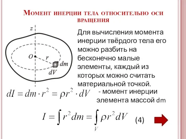 Момент инерции тела относительно оси вращения Для вычисления момента инерции твёрдого