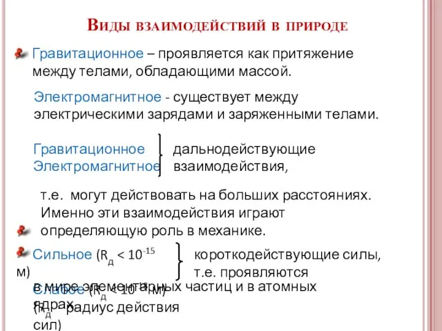 Виды взаимодействий в природе Электромагнитное - существует между электрическими зарядами и