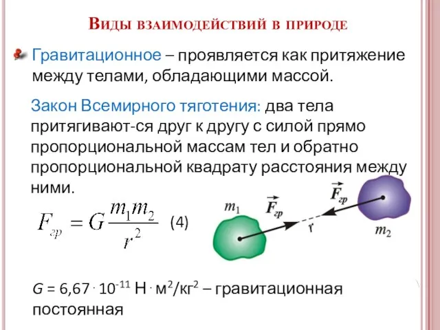 Гравитационное – проявляется как притяжение между телами, обладающими массой. G =