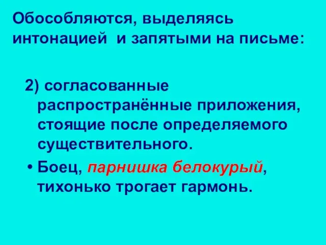 2) согласованные распространённые приложения, стоящие после определяемого существительного. Боец, парнишка белокурый,