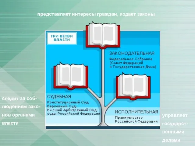 управляет государст- венными делами следит за соб- людением зако- нов органами