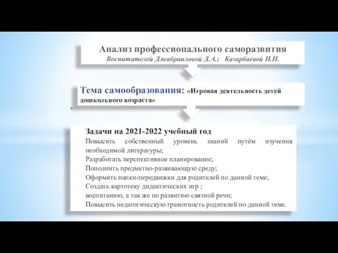 Анализ профессионального саморазвития Воспитателей Джабраиловой Д.А.; Казарбаевой Н.Н. Тема самообразования: «Игровая