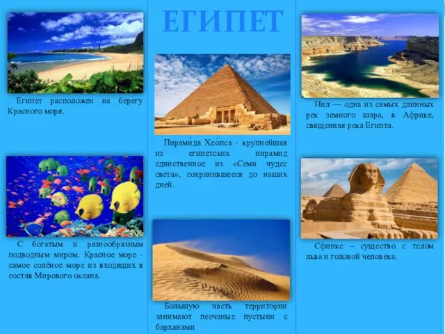 ЕГИПЕТ Египет расположен на берегу Красного моря. Пирами́да Хео́пса - крупнейшая