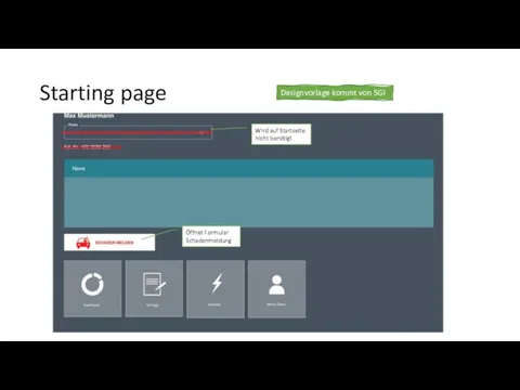 Starting page Designvorlage kommt von SGI Wird auf Startseite nicht benötigt Öffnet Formular Schadenmeldung