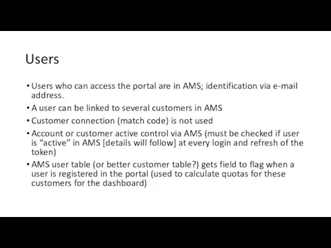 Users Users who can access the portal are in AMS; identification