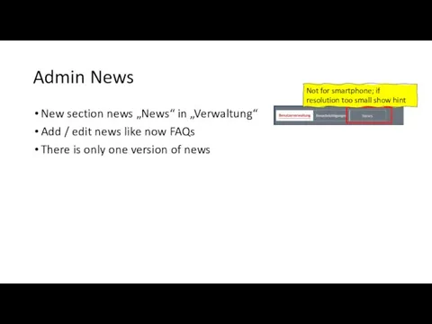Admin News New section news „News“ in „Verwaltung“ Add / edit