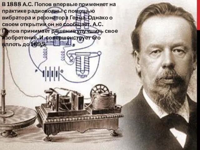 В 1888 А.С. Попов впервые применяет на практике радиоволны с помощью