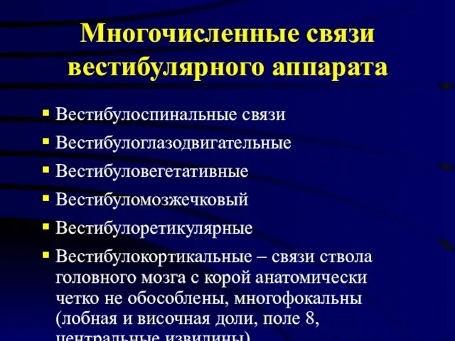 Многочисленные связи вестибулярного аппарата Вестибулоспинальные связи Вестибулоглазодвигательные Вестибуловегетативные Вестибуломозжечковый Вестибулоретикулярные Вестибулокортикальные