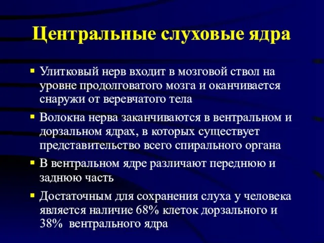 Центральные слуховые ядра Улитковый нерв входит в мозговой ствол на уровне