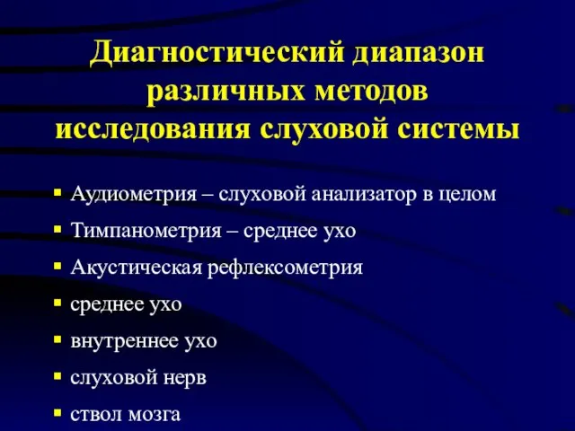 Диагностический диапазон различных методов исследования слуховой системы Аудиометрия – слуховой анализатор