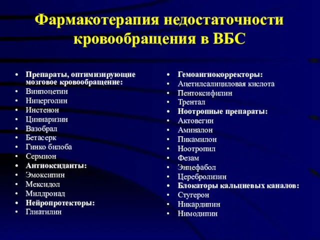 Фармакотерапия недостаточности кровообращения в ВБС Препараты, оптимизирующие мозговое кровообращение: Винпоцетин Ницерголин