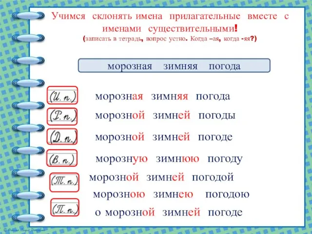 Учимся склонять имена прилагательные вместе с именами существительными! (записать в тетрадь,