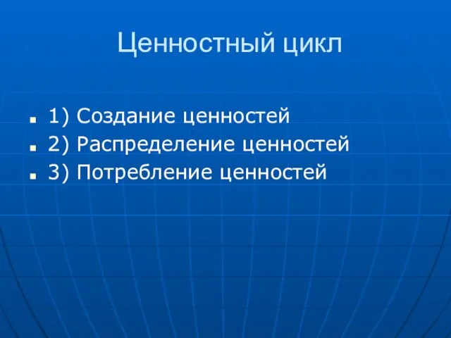 Ценностный цикл 1) Создание ценностей 2) Распределение ценностей 3) Потребление ценностей