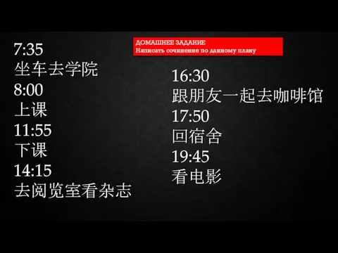 7:35 坐车去学院 8:00 上课 11:55 下课 14:15 去阅览室看杂志 16:30 跟朋友一起去咖啡馆 17:50