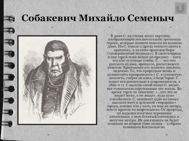 Собакевич Михайло Семеныч В доме С. на стенах висят картины, изображающие