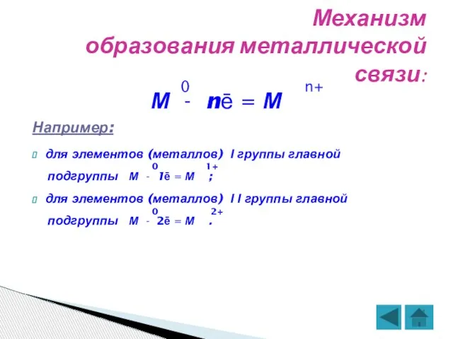 Механизм образования металлической связи: 0 n+ М - nē = М