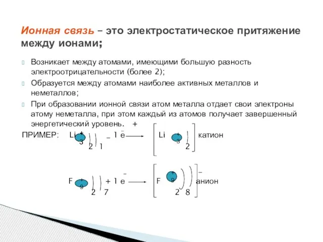 Возникает между атомами, имеющими большую разность электроотрицательности (более 2); Образуется между