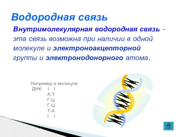 Водородная связь Внутримолекулярная водородная связь – эта связь возможна при наличии