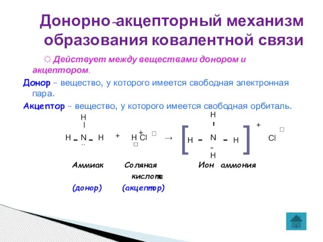 Донорно-акцепторный механизм образования ковалентной связи ☼ Действует между веществами донором и