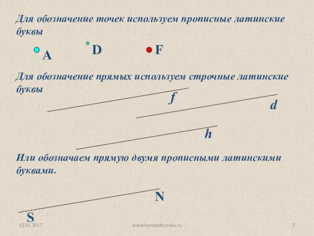 Для обозначение точек используем прописные латинские буквы Для обозначение прямых используем