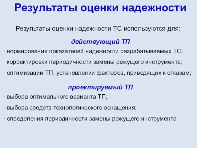 Результаты оценки надежности Результаты оценки надежности ТС используются для: действующий ТП