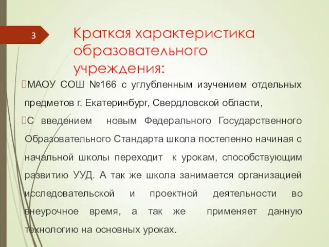 Краткая характеристика образовательного учреждения: МАОУ СОШ №166 с углубленным изучением отдельных