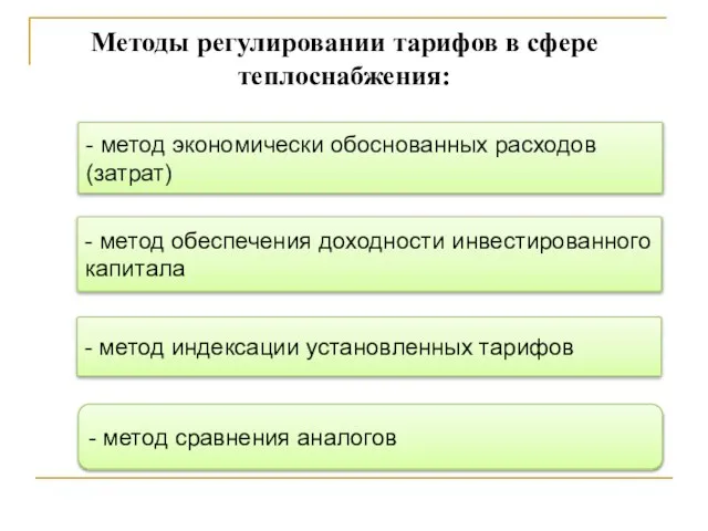 Методы регулировании тарифов в сфере теплоснабжения: - метод экономически обоснованных расходов