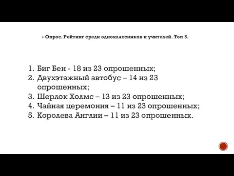 Опрос. Рейтинг среди одноклассников и учителей. Топ 5. Биг Бен -