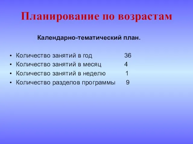 Планирование по возрастам Календарно-тематический план. Количество занятий в год 36 Количество