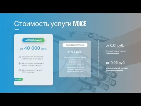 Стоимость услуги iVoice от 40 000 руб. АВТОМАТИЗАЦИЯ от 0,5 руб.