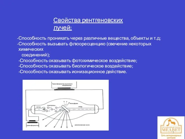 Свойства рентгеновских лучей: Способность проникать через различные вещества, объекты и т.д;