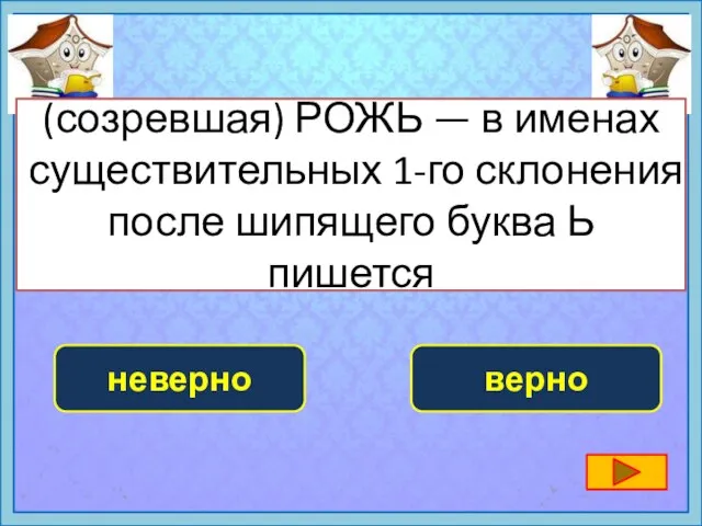 (созревшая) РОЖЬ — в именах существительных 1-го склонения после шипящего буква Ь пишется верно неверно