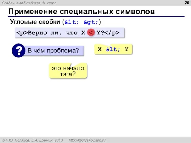 Применение специальных символов Угловые скобки (&lt; &gt;) Верно ли, что X