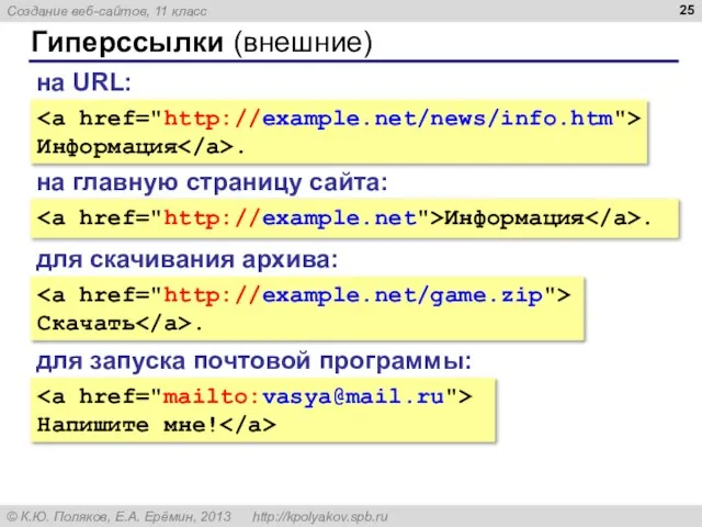 Гиперссылки (внешние) Информация . на URL: на главную страницу сайта: Информация