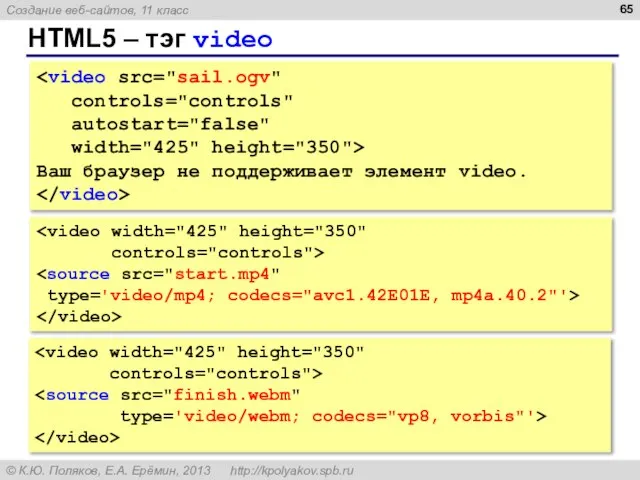 HTML5 – тэг video controls="controls" autostart="false" width="425" height="350"> Ваш браузер не