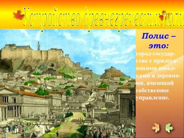 Устройство древнегреческих полисов Полис – это: город-государ-ство с прилега-ющими посел-ками и деревня-ми, имеющий собственное управление.