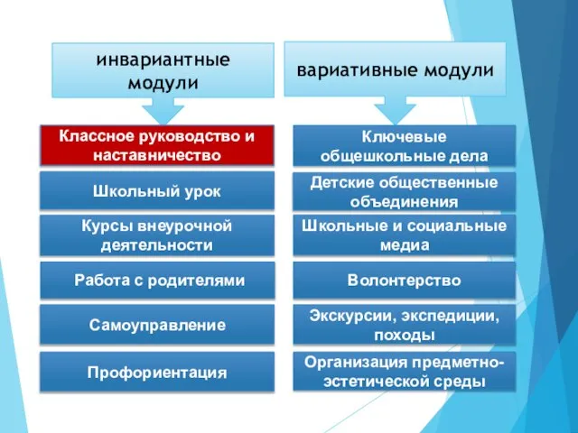 инвариантные модули вариативные модули Классное руководство и наставничество Ключевые общешкольные дела