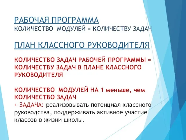 РАБОЧАЯ ПРОГРАММА КОЛИЧЕСТВО МОДУЛЕЙ = КОЛИЧЕСТВУ ЗАДАЧ ПЛАН КЛАССНОГО РУКОВОДИТЕЛЯ КОЛИЧЕСТВО