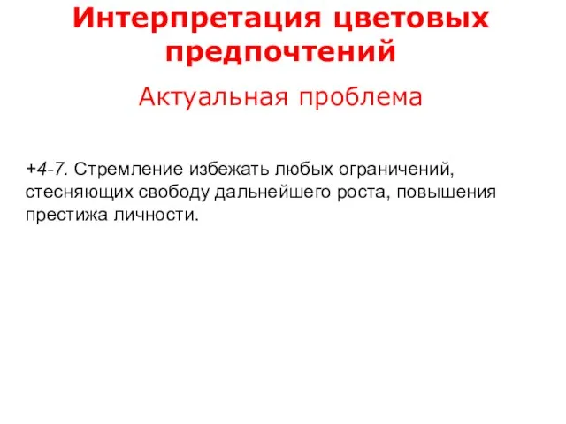 Интерпретация цветовых предпочтений Актуальная проблема +4-7. Стремление избежать любых ограничений, стесняющих