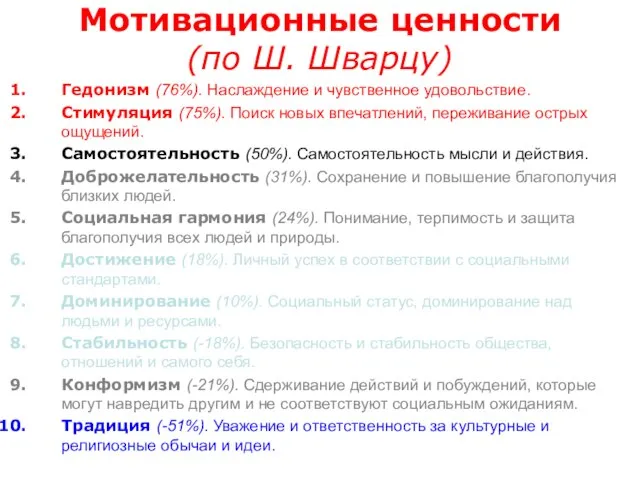 Гедонизм (76%). Наслаждение и чувственное удовольствие. Стимуляция (75%). Поиск новых впечатлений,