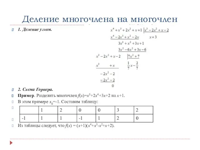 Деление многочлена на многочлен 1. Деление углом. 2. Схема Горнера. Пример.