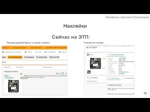 Наклейки Элементы карточки (Основные) Сейчас на ЭТП: Рекомендуемый бренд в списке товаров: В карточке товара: