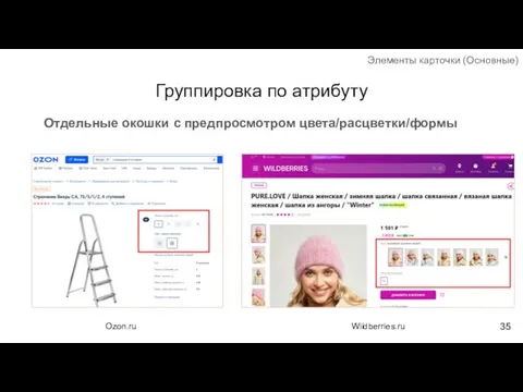 Группировка по атрибуту Отдельные окошки с предпросмотром цвета/расцветки/формы Элементы карточки (Основные) Ozon.ru Wildberries.ru
