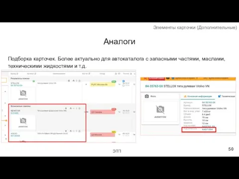 Аналоги Подборка карточек. Более актуально для автокаталога с запасными частями, маслами,