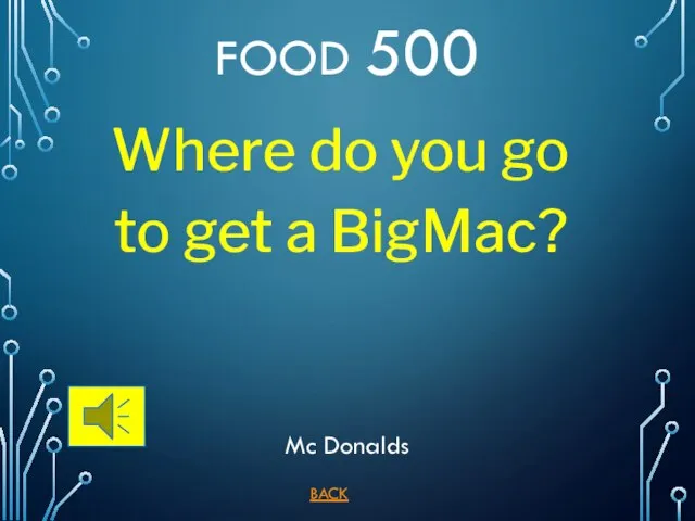 BACK Mc Donalds FOOD 500 Where do you go to get a BigMac?