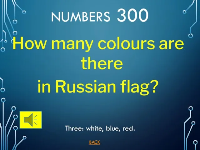 BACK NUMBERS 300 Three: white, blue, red. How many colours are there in Russian flag?