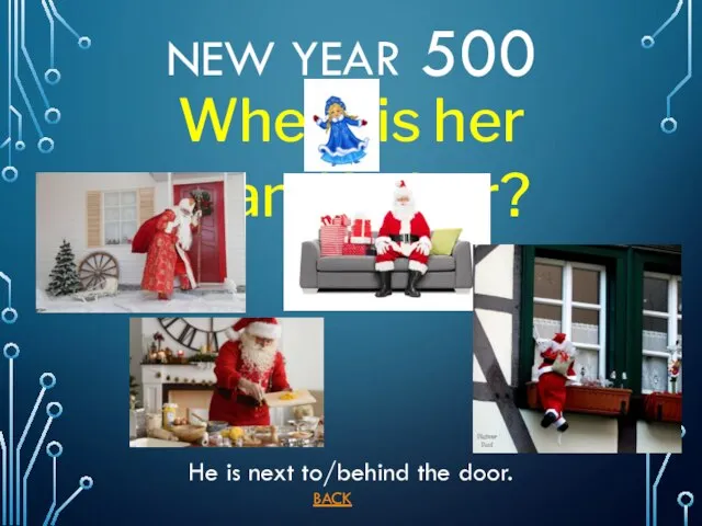 BACK He is next to/behind the door. NEW YEAR 500 Where is her grandfather?